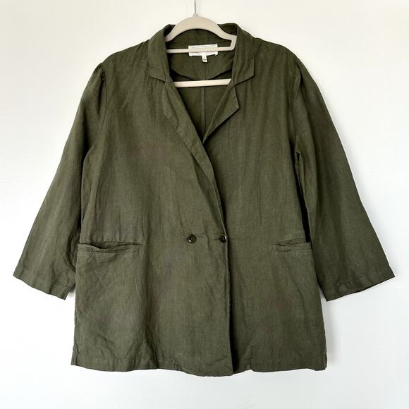 THE GREAT. Olive Green Linen Cotton Oversized Blazer Size Medium Double Breasted - Picture 1 of 13